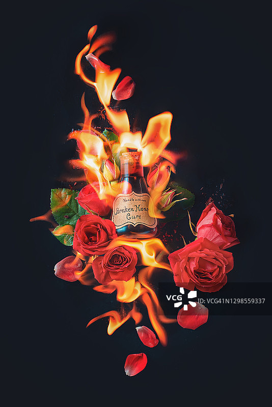 治愈破碎的心，魔法药水、玫瑰和火焰，情人节概念图片素材