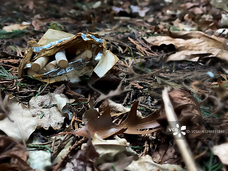 草坪上乱扔的废弃香烟盒图片素材