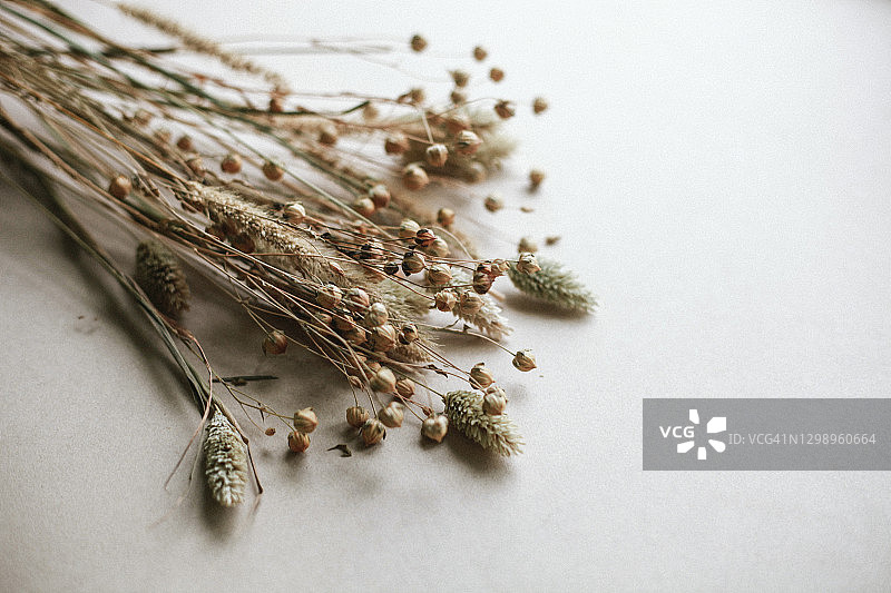 米色背景上的亚麻和蜡菊干花干草，时尚干花束装饰图片素材