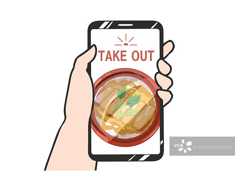 用智能手机点外卖的日式炸猪排盖饭图片素材