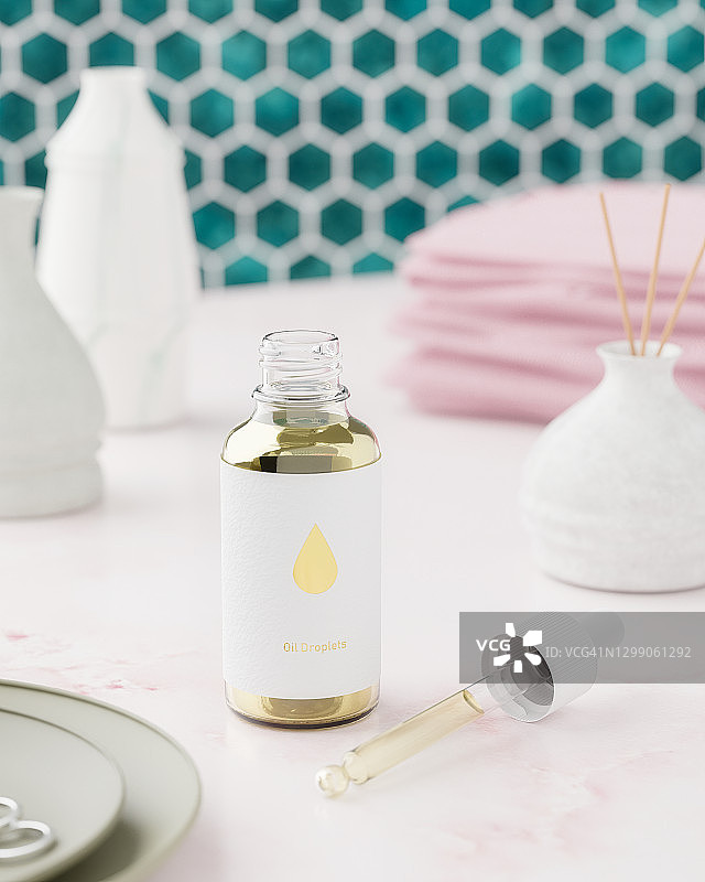 浴室里带有油滴的玻璃瓶图片素材