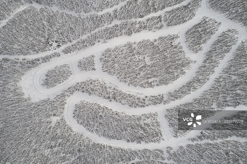 滑雪者和冬季两项运动员训练的蜿蜒赛道图片素材