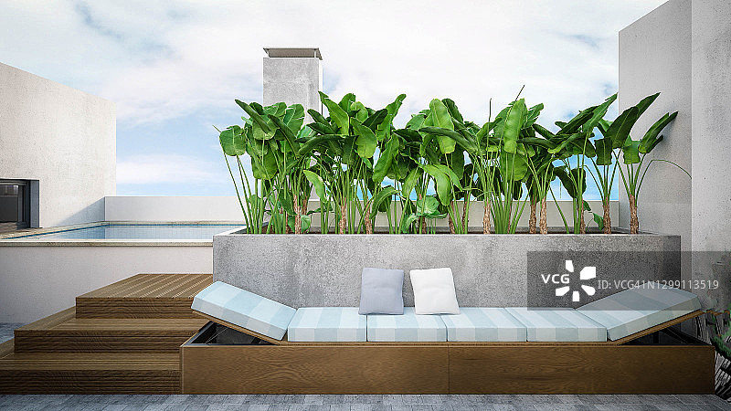 3D渲染屋顶露台建筑效果图与室内设计图片素材