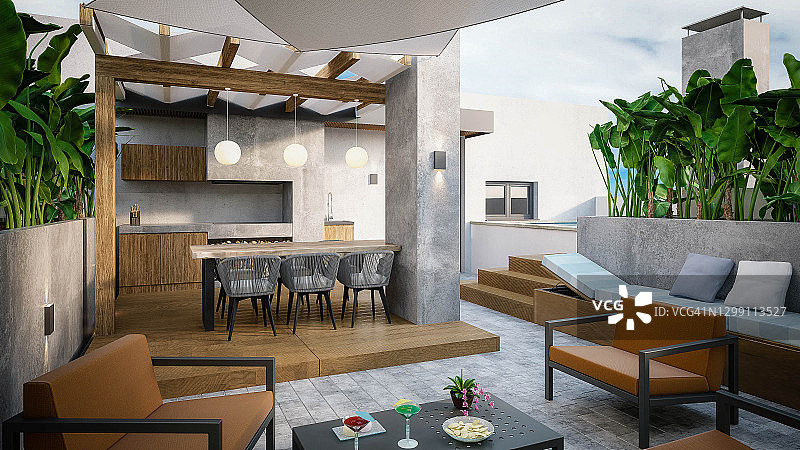 3D渲染屋顶露台建筑效果图与室内设计图片素材