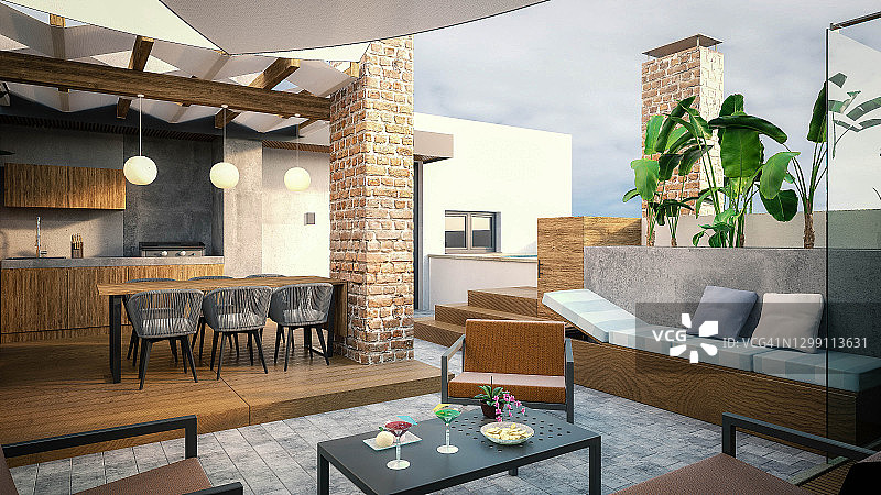 3D渲染屋顶露台建筑效果图与室内设计图片素材