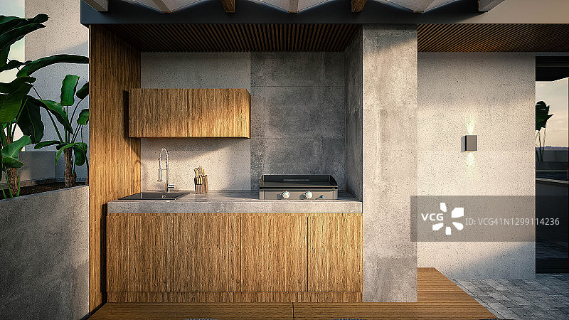 3D渲染屋顶露台建筑效果图与室内设计图片素材