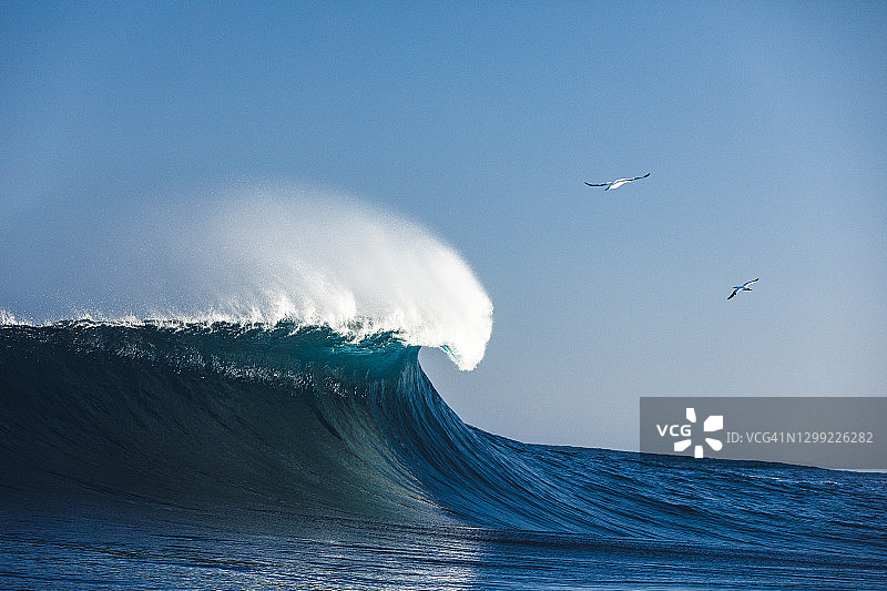 阳光明媚的日子里，在开阔的海洋中破碎的大型蓝色田园诗般的波浪图片素材