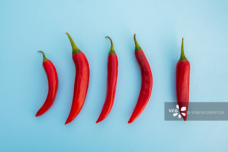 蓝色绿松石背景上的一些红色辣椒，俯视图图片素材