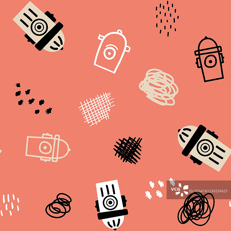 粉色背景上的消防栓和抽象图案矢量无缝图案。可爱的面料、纺织品、背景、壁纸插图图片素材