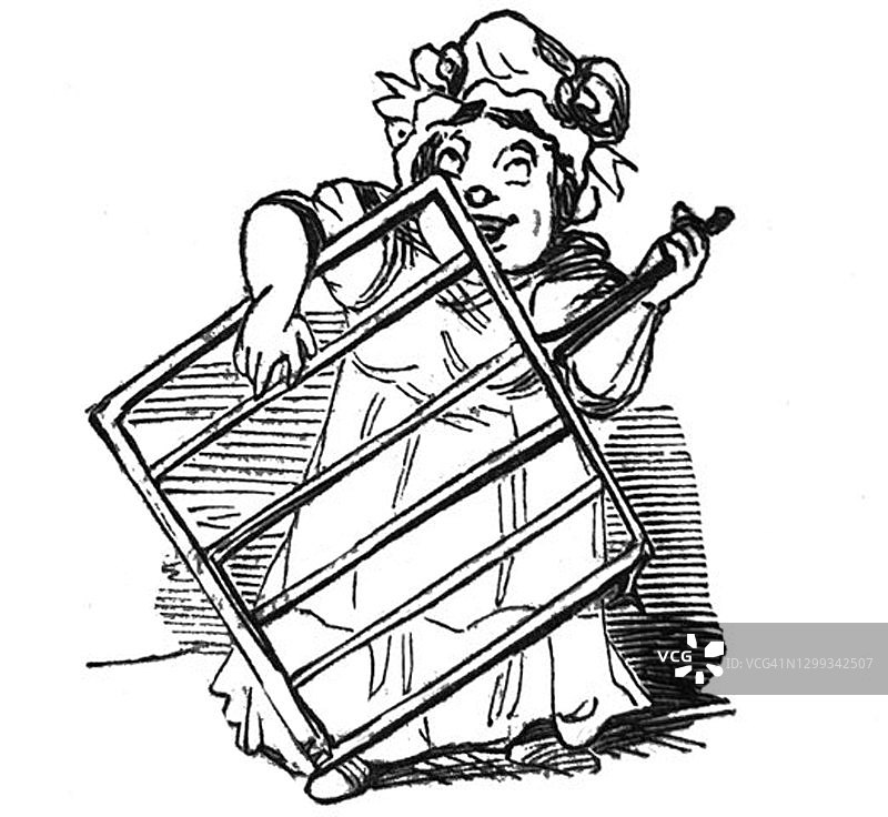 英国讽刺漫画：女佣将厨房炉排当乐器演奏图片素材