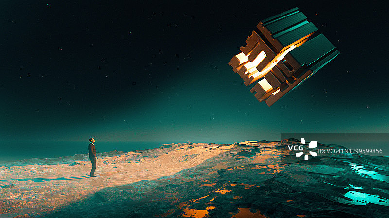 男人遇到漂浮盒子或太空飞船的超自然体验图片素材