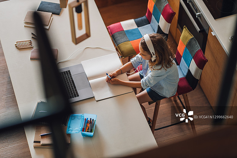 在家用笔记本电脑学习的年轻女孩图片素材