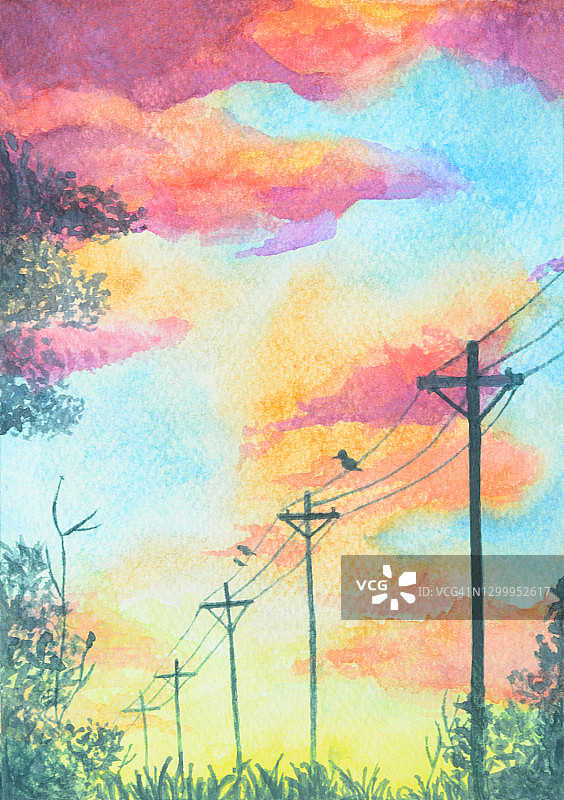 日落绘画图片素材