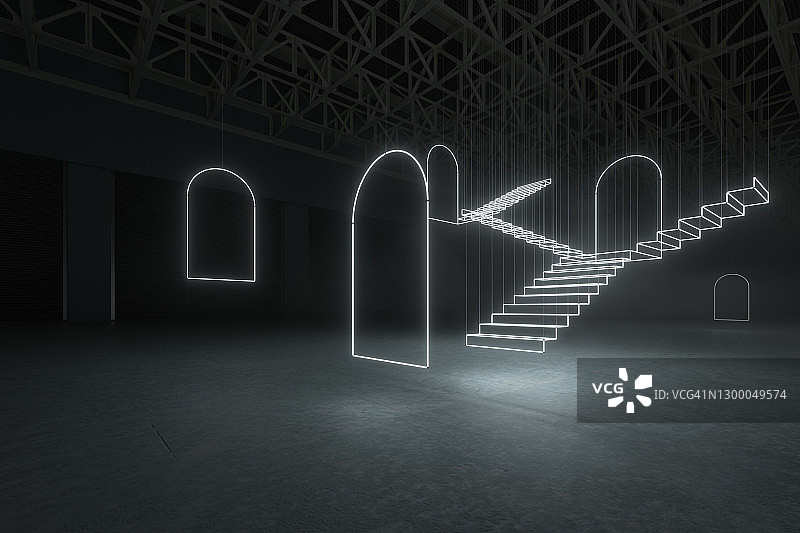 仓库中抽象的霓虹灯门和楼梯图片素材