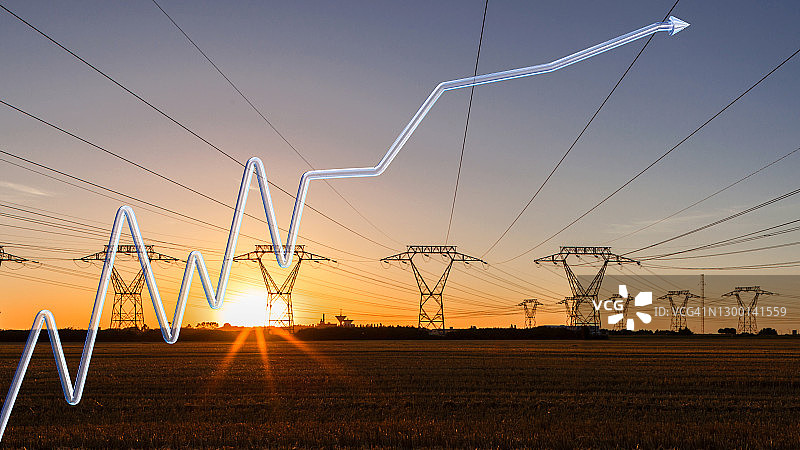 3D设计中的DGI增长曲线，箭头位于延时拍摄的电力线背景上图片素材