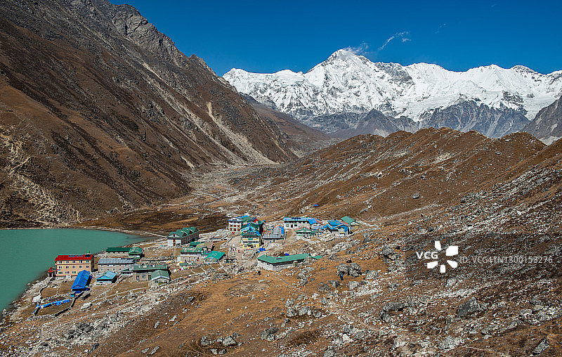 廓克优村风光，背景为世界第六高峰卓奥友峰图片素材