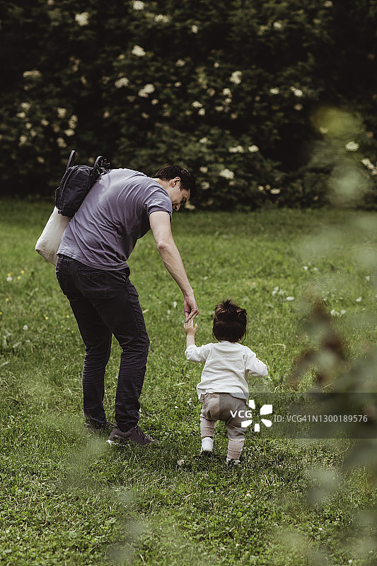 父亲帮助男婴在公园草地上行走图片素材