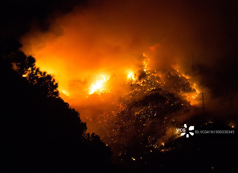 夜间森林中的火灾图片素材