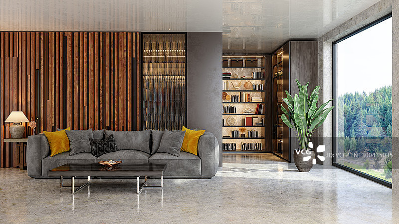 豪华客厅内景，配有沙发和书架，可欣赏花园景色图片素材
