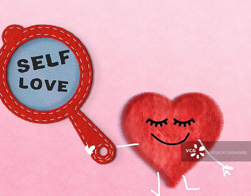 自爱概念图：带镜子的卡通心图片素材