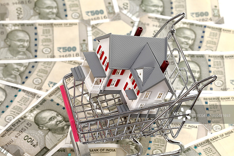 购物车里的微型房子和印度货币图片素材