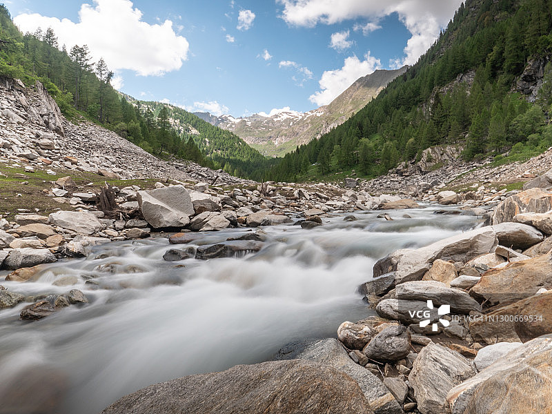 提契诺瑞士阿尔卑斯山河流长曝光图片素材