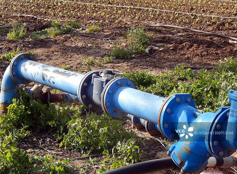以色列中部田野灌溉水系统的蓝色钢管和接头图片素材
