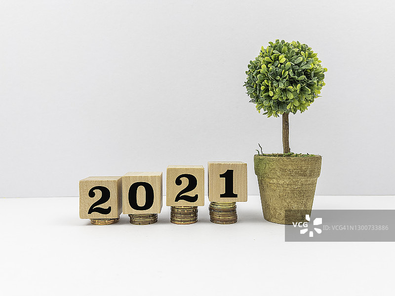 商业和2021新年概念股票照片。马来西亚，2021，储蓄，养老金，小树生长和白色背景的规划图片素材