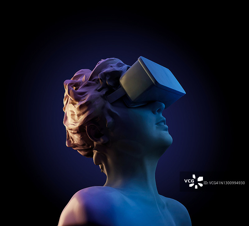 戴着VR头显的年轻女子雕像图片素材