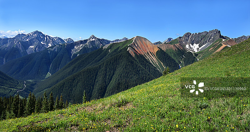 高山草甸和山峰全景图片素材