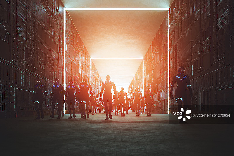 有行走的电子人的未来走廊图片素材