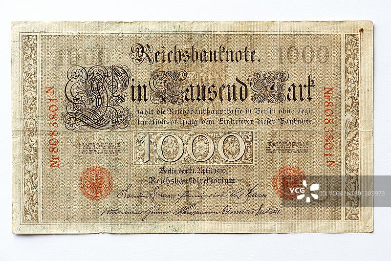 超过一千马克纸币，帝国马克，1910年德国帝国 Reichsbanknote 纸币正面图片素材
