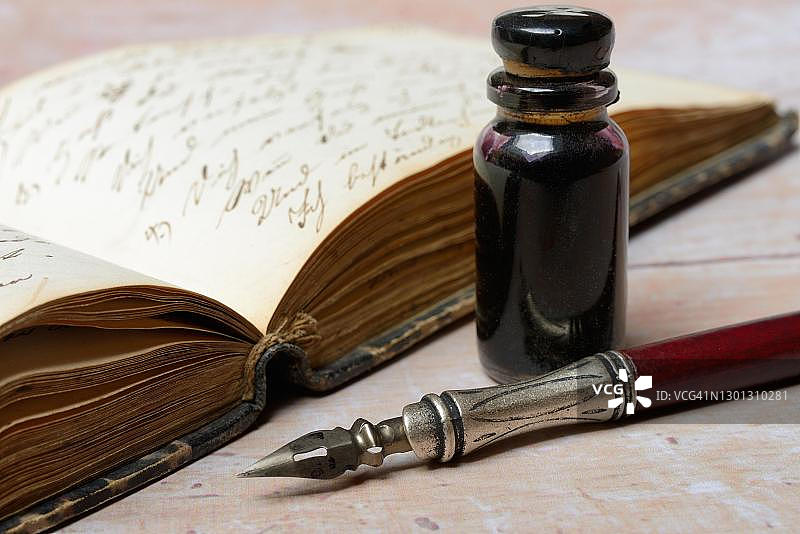 德国的笔架与羽毛笔、墨水瓶和旧日记图片素材