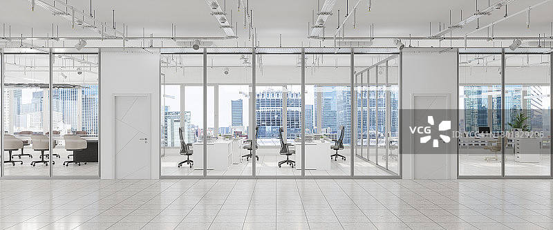 现代大型空旷办公室室内设计，配有会议室、办公桌椅和城市景观图片素材