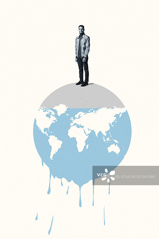 站在融化的蓝色星球上的青年男人图片素材