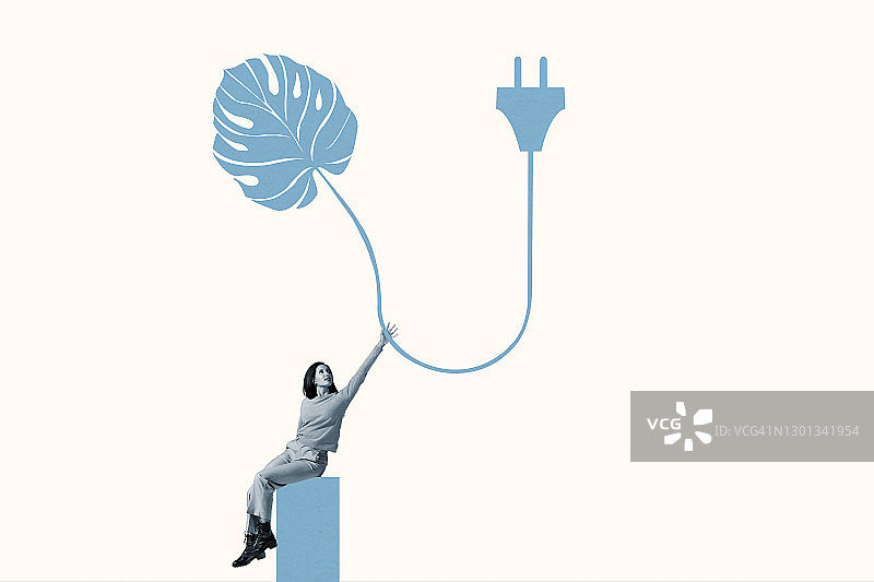 年轻女子伸手去拿带叶子和插头的蓝色电缆图片素材