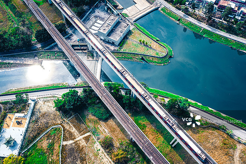 香港元朗区铁路线无人机视角图片素材