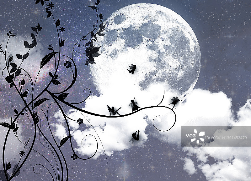 黄昏时分，满月光下的奇幻仙女教母图片素材