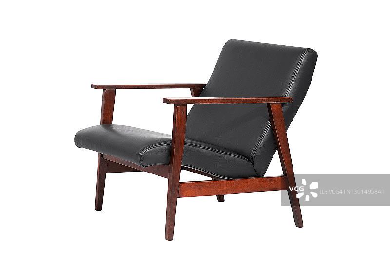 白色背景中隔离的灰色皮革木扶手椅图片素材