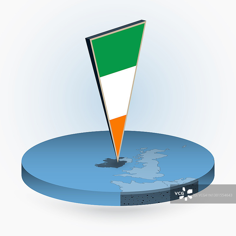 圆形2.5D风格的爱尔兰地图，带有爱尔兰三角形3D旗帜图片素材