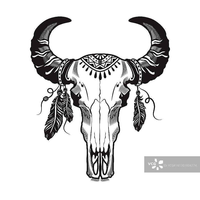 死亡的角状动物头部纹身设计图片素材