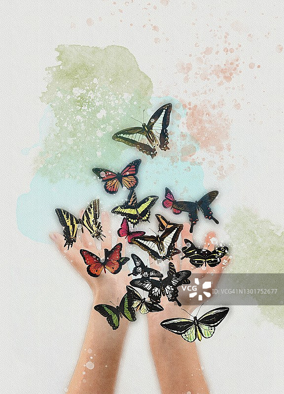 放飞蝴蝶的手插画图片素材