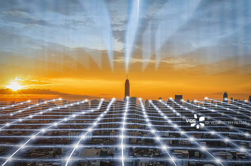 未来感、区块链、智慧城市数字连接技术概念图片素材