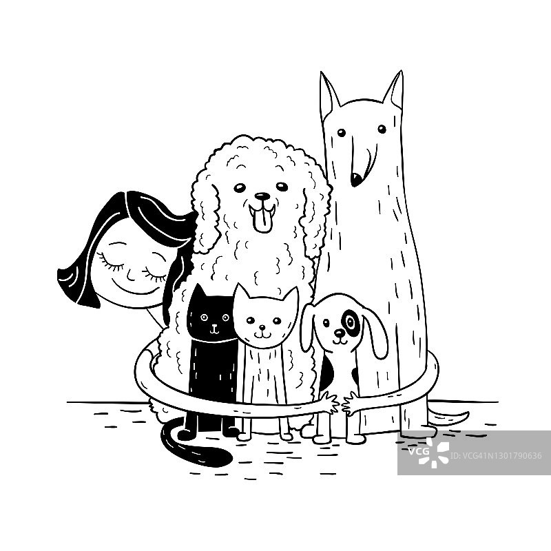 快乐女孩拥抱宠物朋友的线稿插画：两只猫和三只狗图片素材