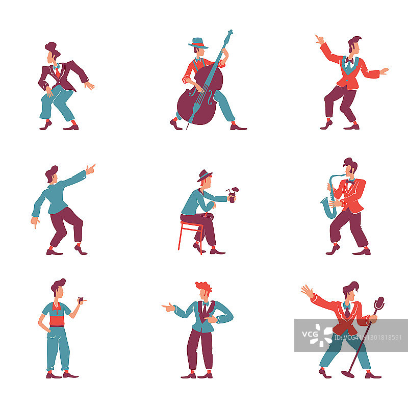 复古风格人物扁平色彩矢量无脸角色套装：50年代时尚男士、摇滚乐队乐手等图片素材