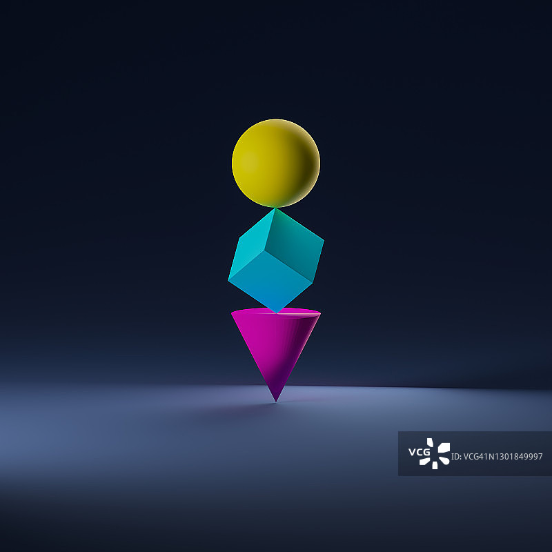 锥体、立方体和球体色彩平衡点触图片素材