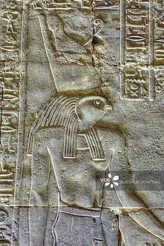 荷鲁斯神，浅浮雕，荷鲁斯圣殿，埃德富神庙，埃及，北非，非洲图片素材