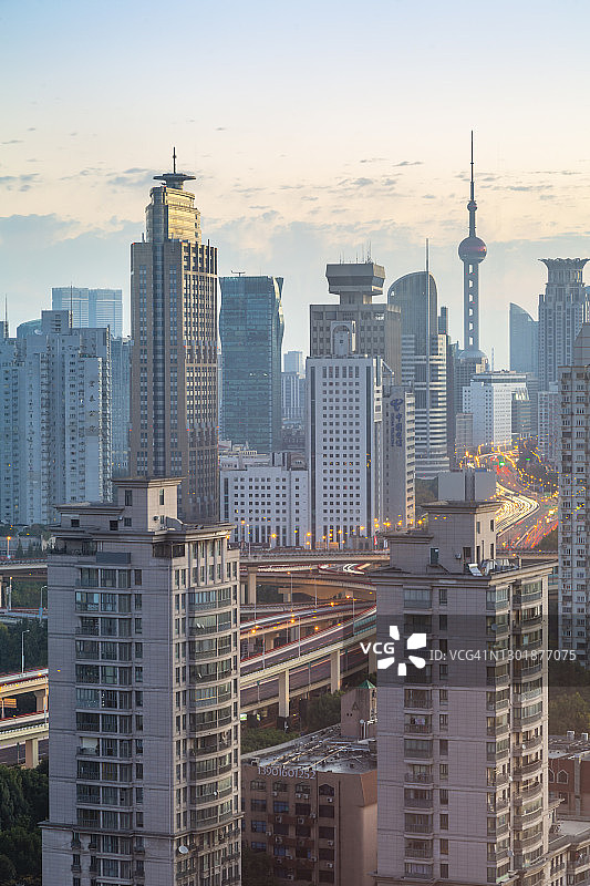 日出时分上海卢湾的天际线景观，中国，亚洲图片素材