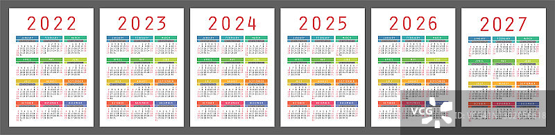 2022年至2027年日历套装，矢量袖珍日历模板，含一月至十二月图片素材