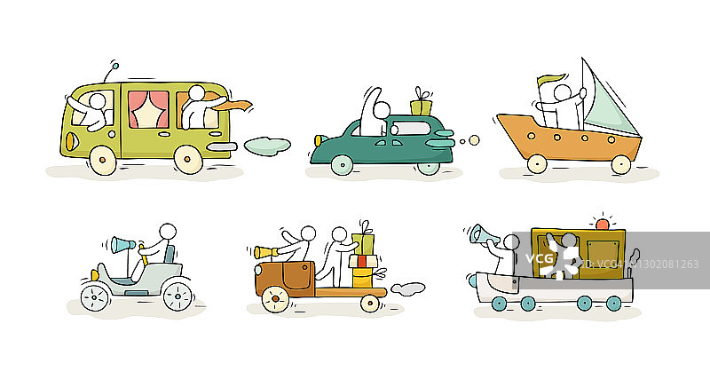 带可爱汽车和人物的素描图片素材